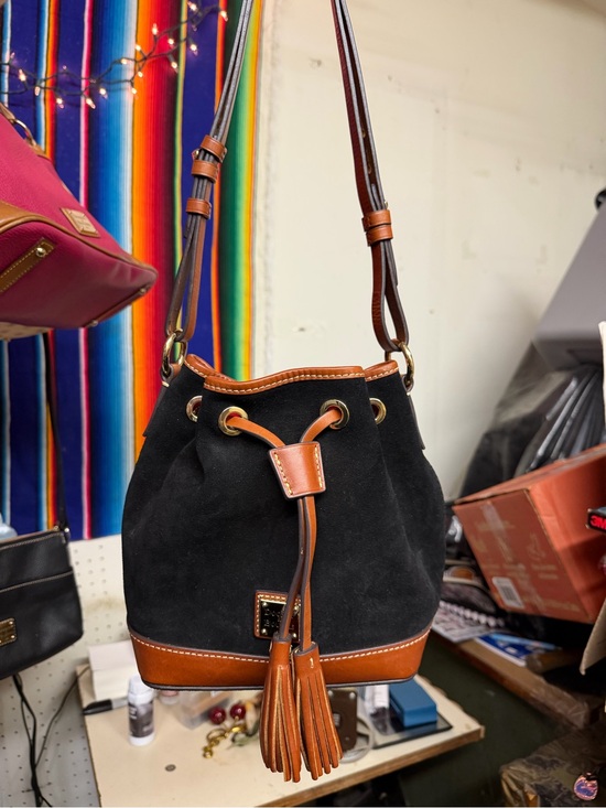 Dooney & Bourke Handbags - Dooney & Bourke Small Black Suede Bucket Bag with Tan Leather Trim